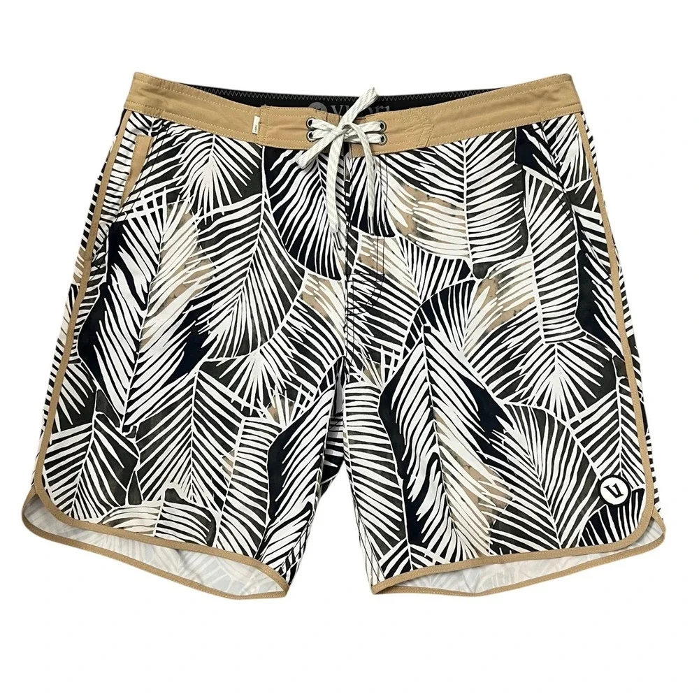 Vuori Cruise Board Shorts Palm Leaf Print Tan Trim Drawstring Pockets Men's S 32